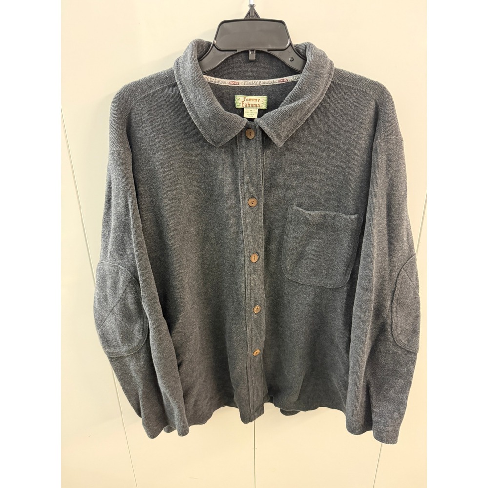 Tommy Bahama Mens Gray 100% Cotton Knit Button Down Shirt Elbow Patches Size M